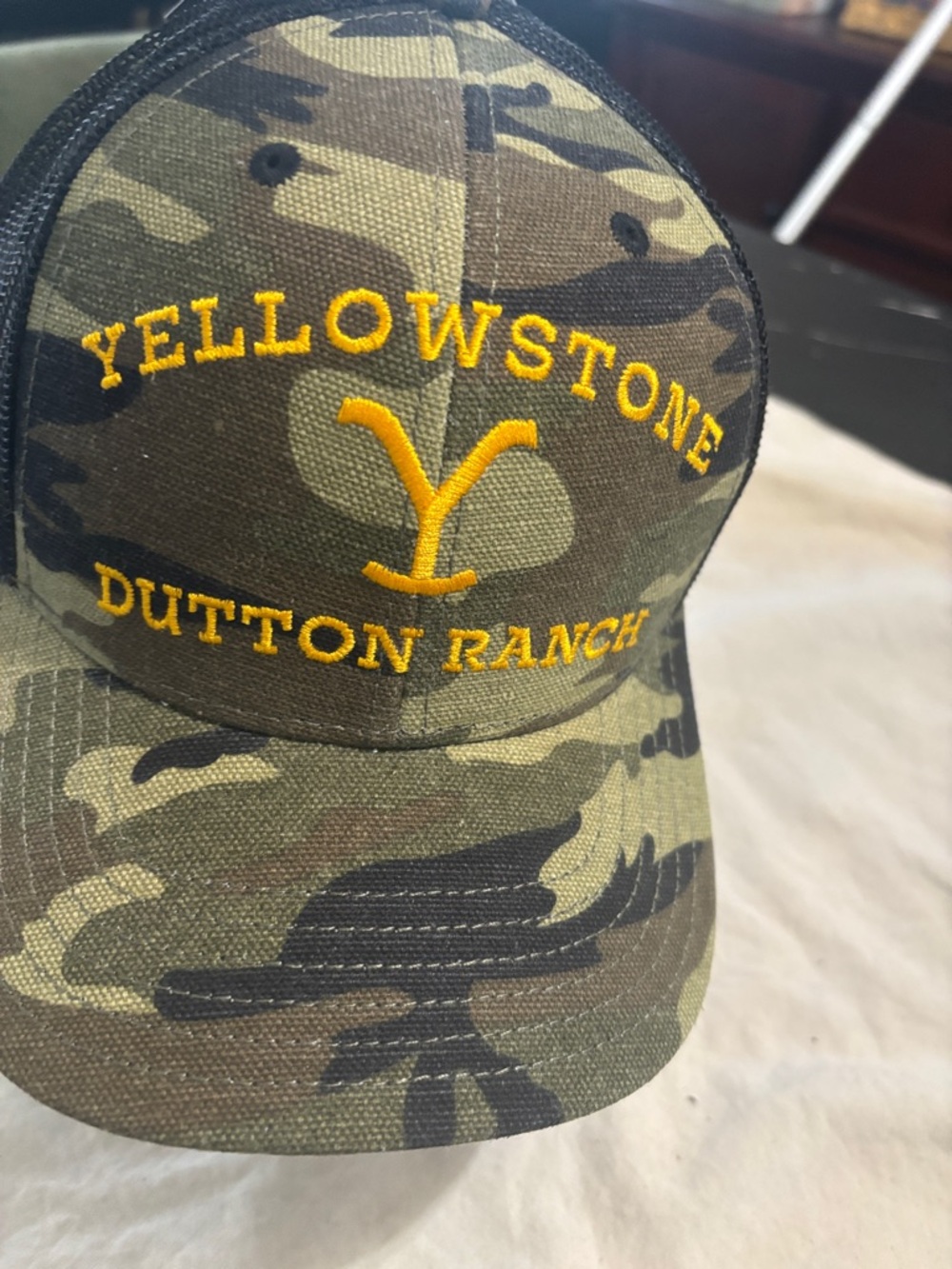 Yellowstone Dutton Ranch Camo Trucker Hat - Yellow Embroidery